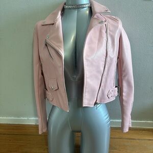 Pastel Pink Leather Biker Jacket with Notched Lapel
